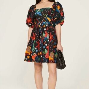 FARM Rio Celestial Zodiac Puff Sleeve Mini Dress - Black with Multicolor Print